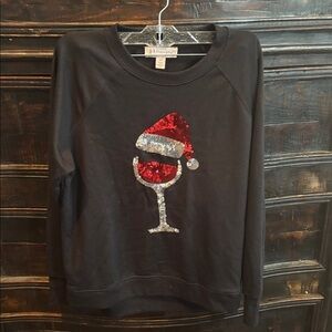 Philosophy Black Sweatshirt with Sequin Santa Hat and Wine Glass